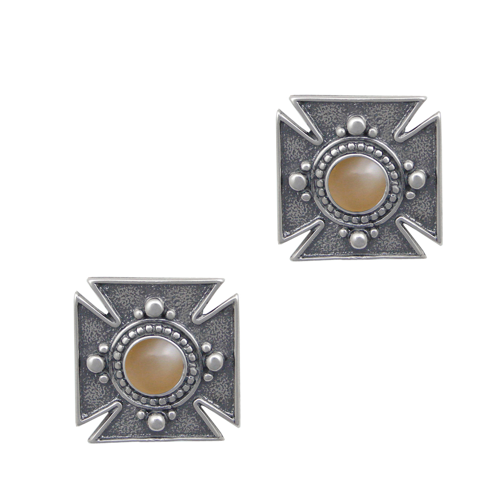 Sterling Silver Iron Cross Post Stud Earrings With Peach Moonstone